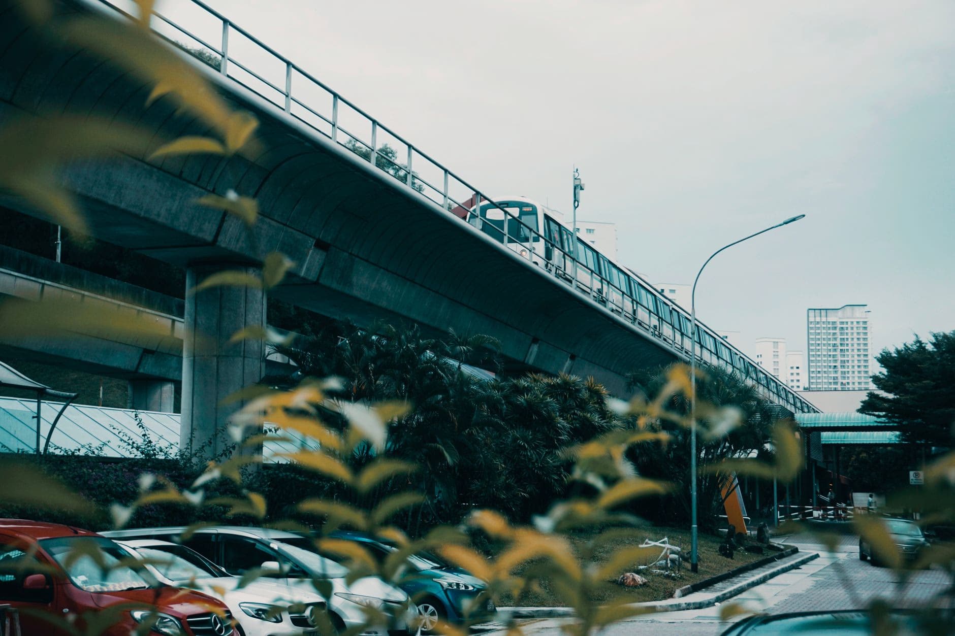 An MRT train crossing an elevated track through Singapore