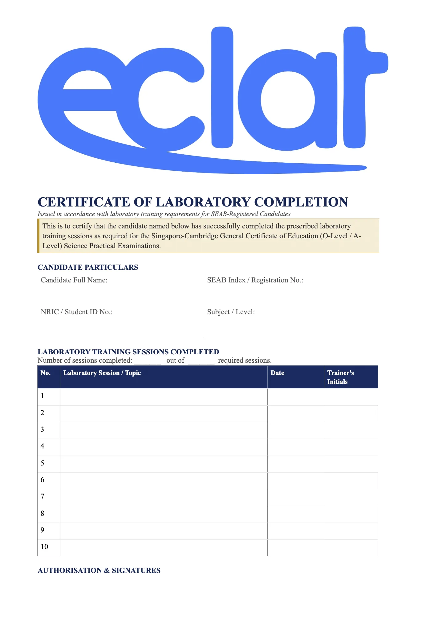 Sample of Eclat Institute's laboratory completion certificate.