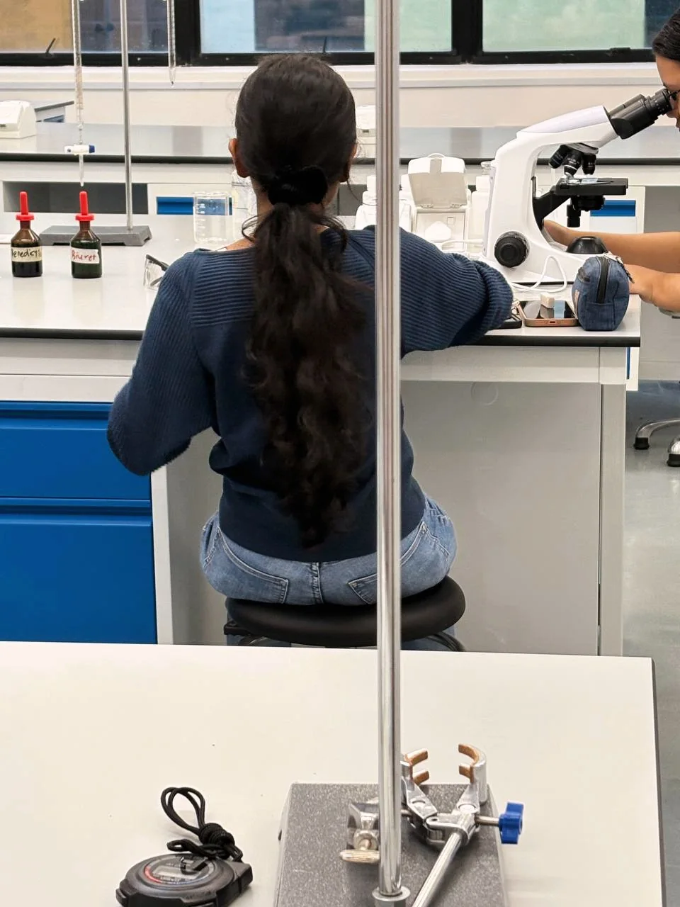 A student seen from behind working at a microscope in Eclat's laboratory