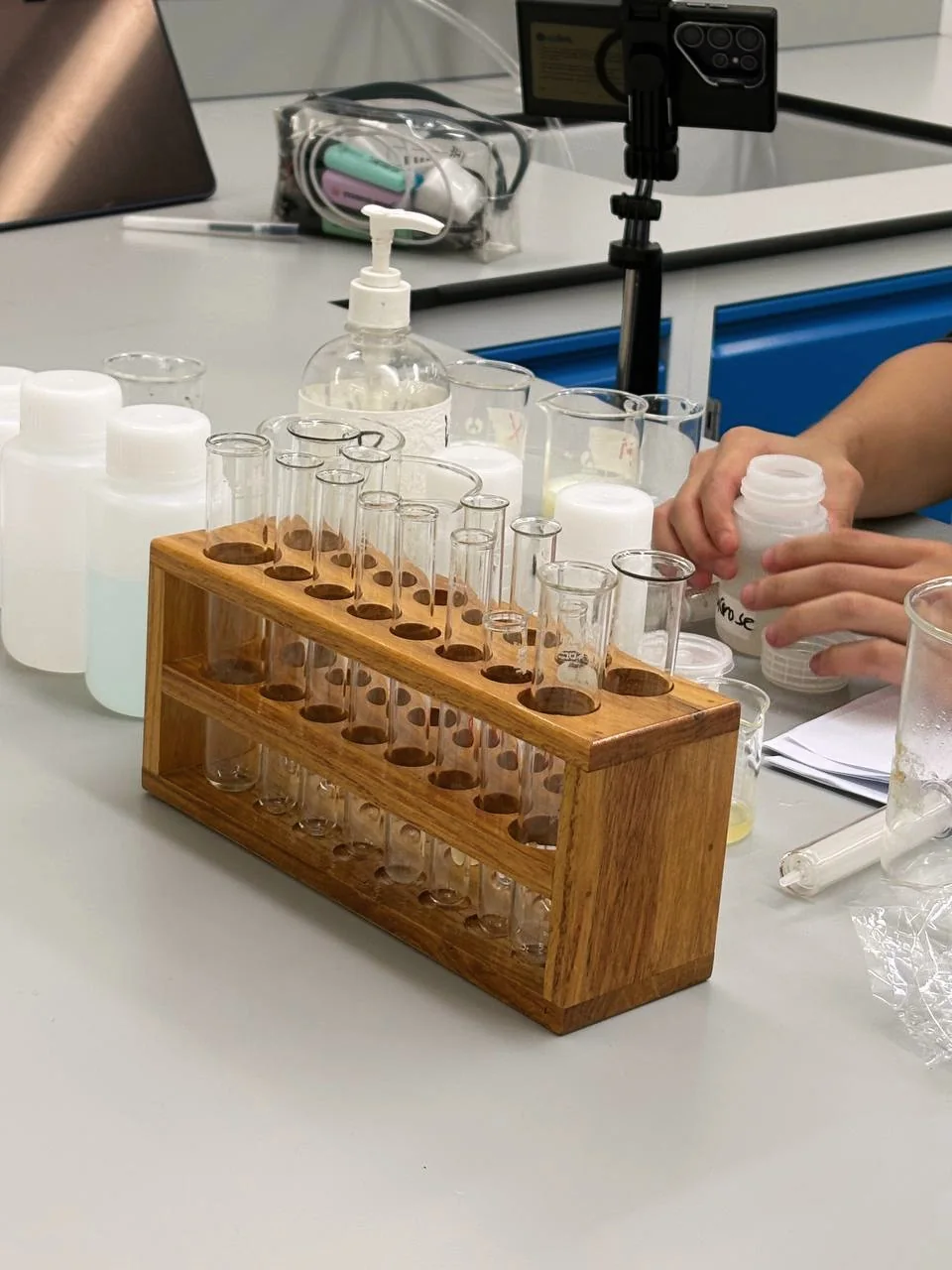 Glass test tubes in a wooden rack on an Eclat laboratory bench