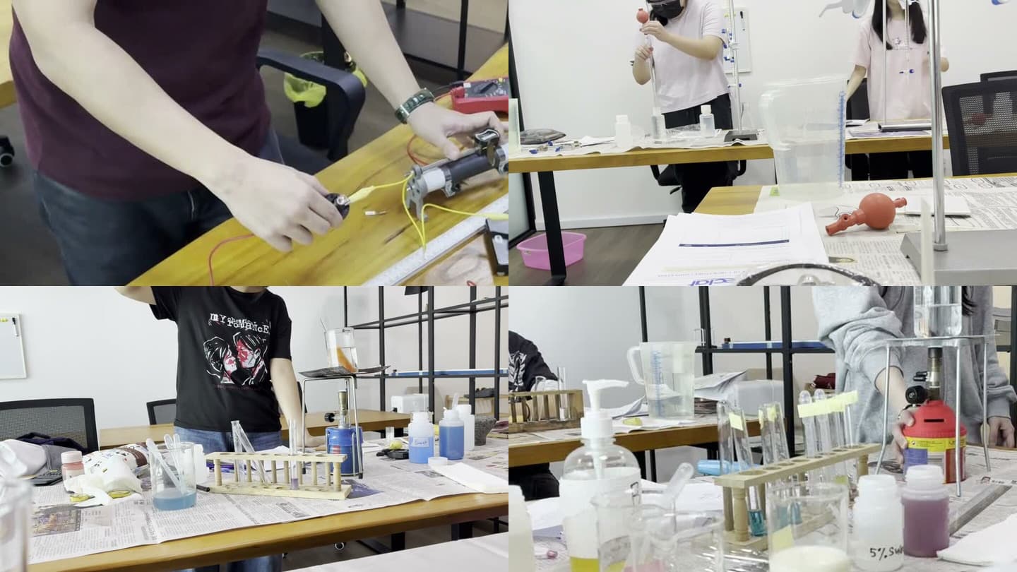 Four still frames of students doing Physics, Chemistry, and Biology practical work at Eclat