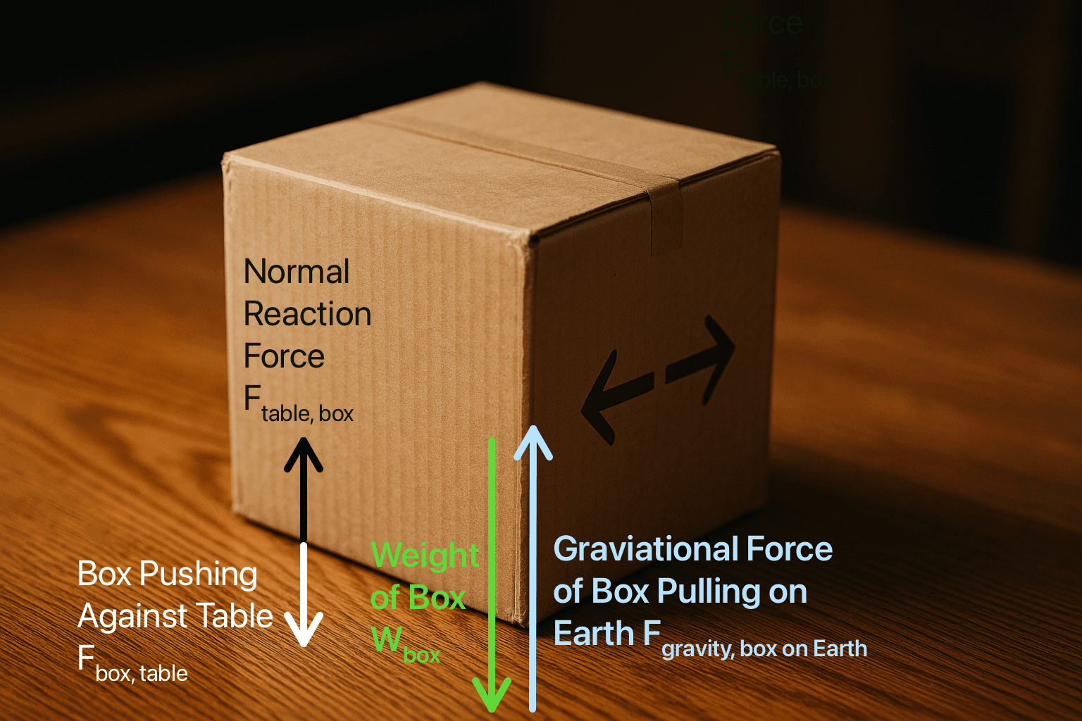 Free Body Diagram to illustrate the force-reaction pairs in Newton's Third Law for a Box resting on a Table.