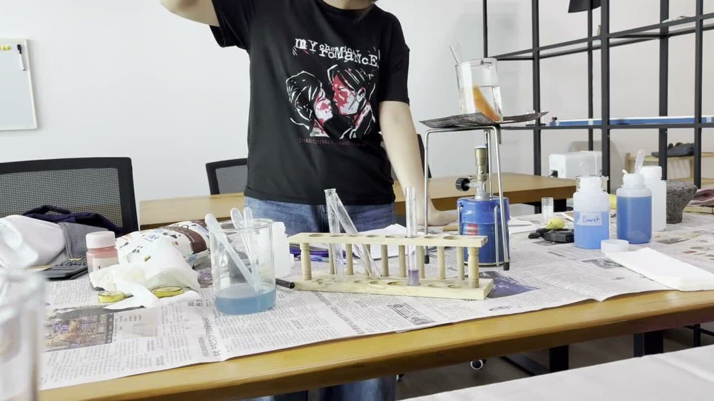 A student working with test tubes and reagents during an Eclat Biology food-test practical