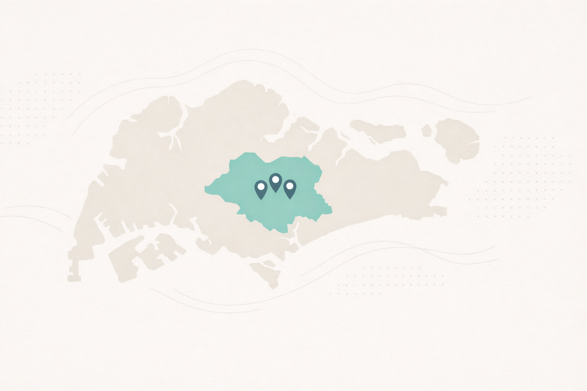 Minimalist map of Central Singapore with study place pins.