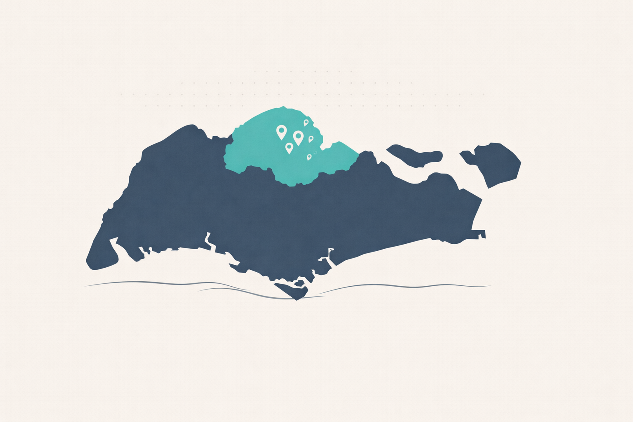 Minimalist map of North Singapore with study place pins.