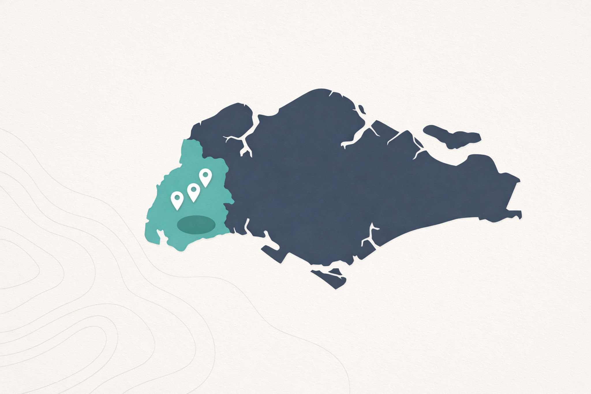 Minimalist map of West Singapore with study place pins.