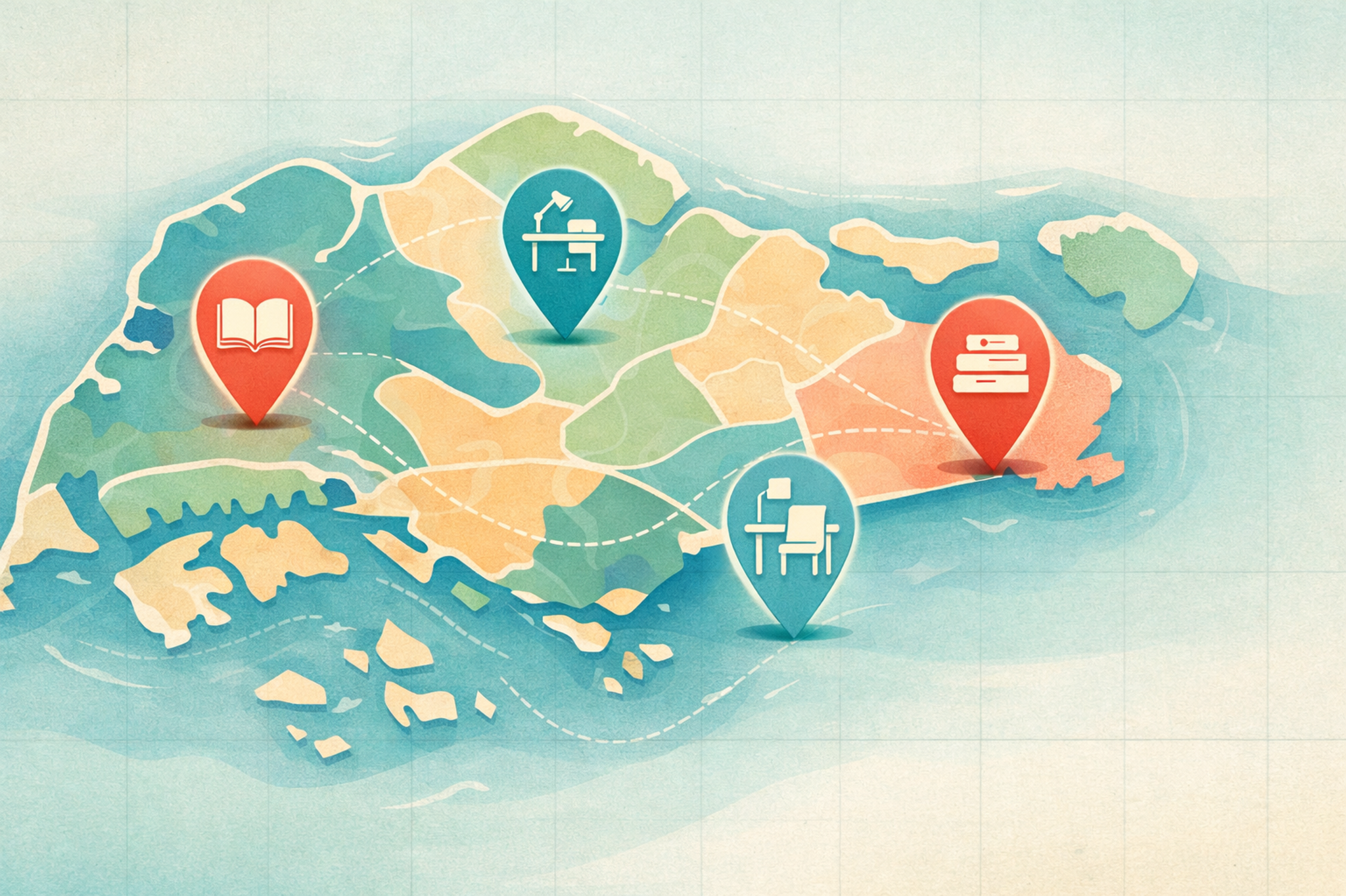 Minimalist map illustration of Singapore with library pins.
