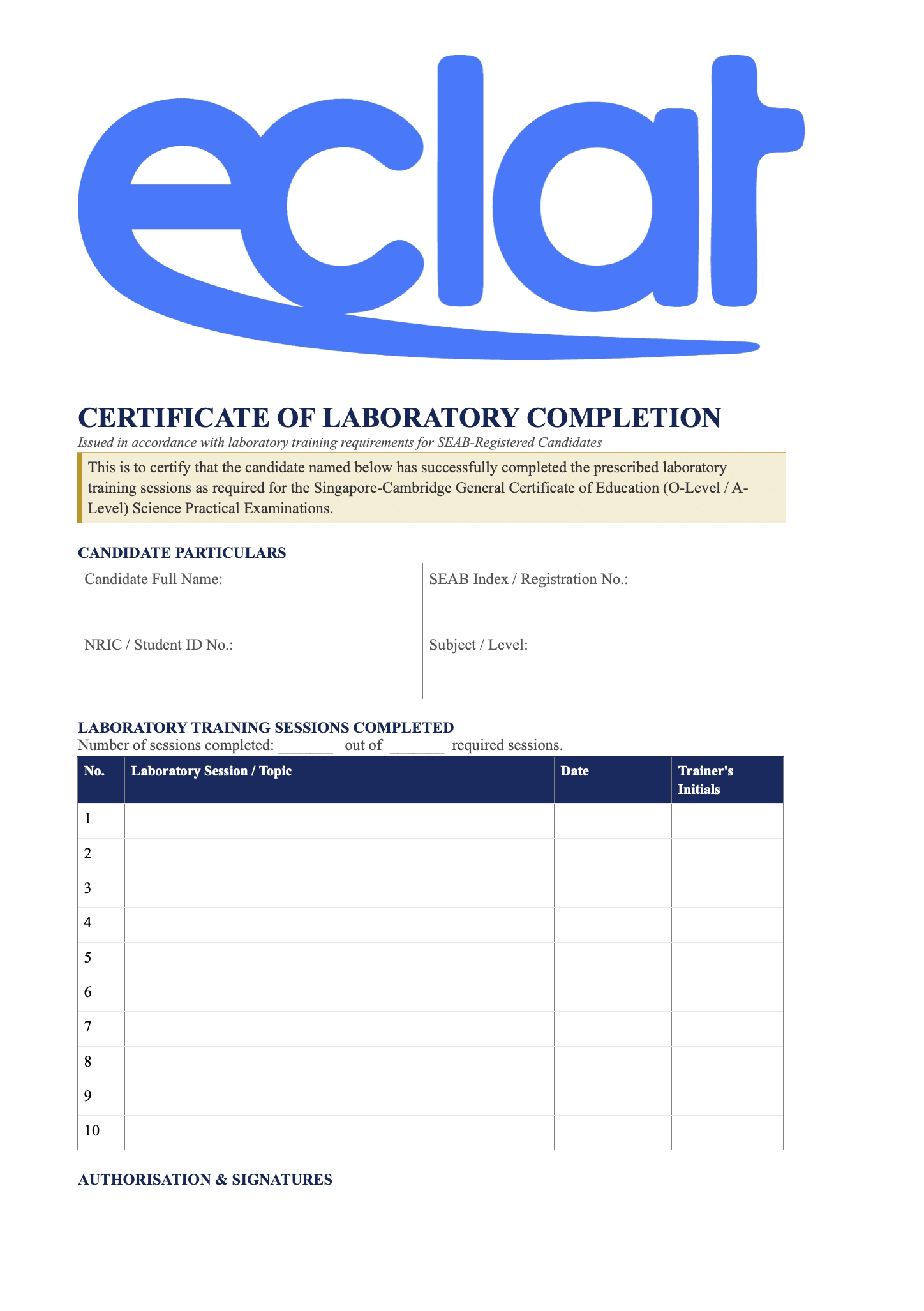Current sample layout of Eclat Institute laboratory completion certificate.